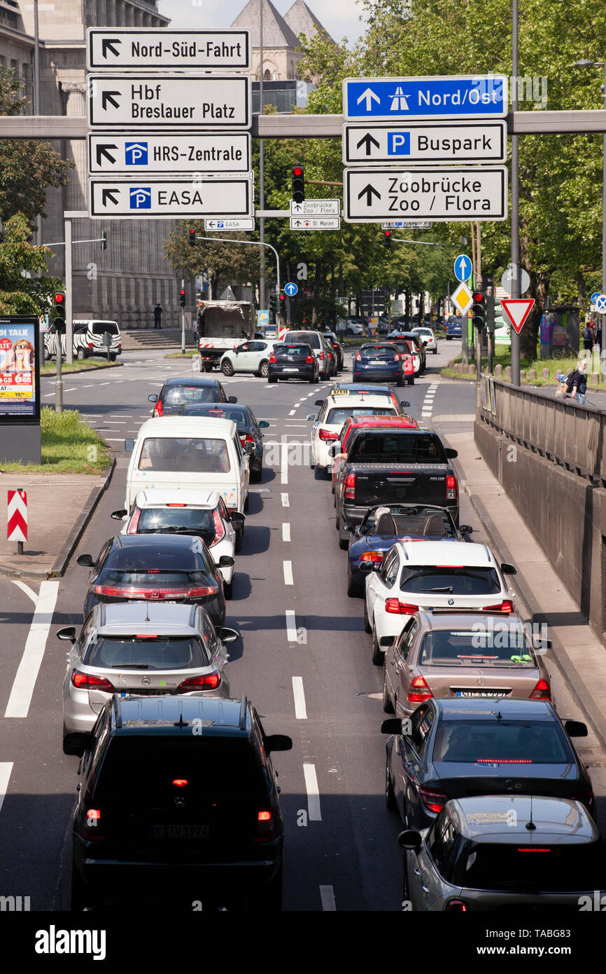 traffic jam on the Rheinufer street, exit from the Rheinufer tunnel heading north, Cologne, Germany.  Stau auf der Rheinuferstrasse, Ausfahrt aus dem  Stock Photo