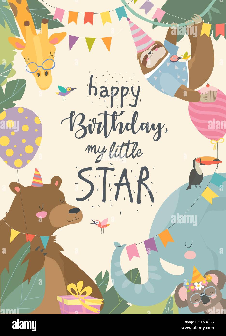Vector frame with cute animals celebrating Birthday Stock Vector