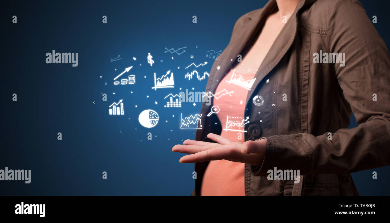 Hand holding application icons and symbols in her hand Stock Photo - Alamy