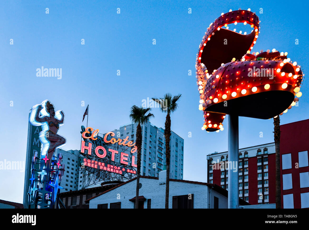 The lighted high heel shoe at dusk on Fremont Street, Las Vegas, Nevada Stock Photo