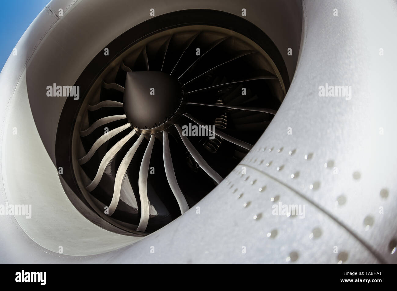 Dreamliner, 787, 787-800, turbine, airplane, fanblade, spinner. Stock Photo