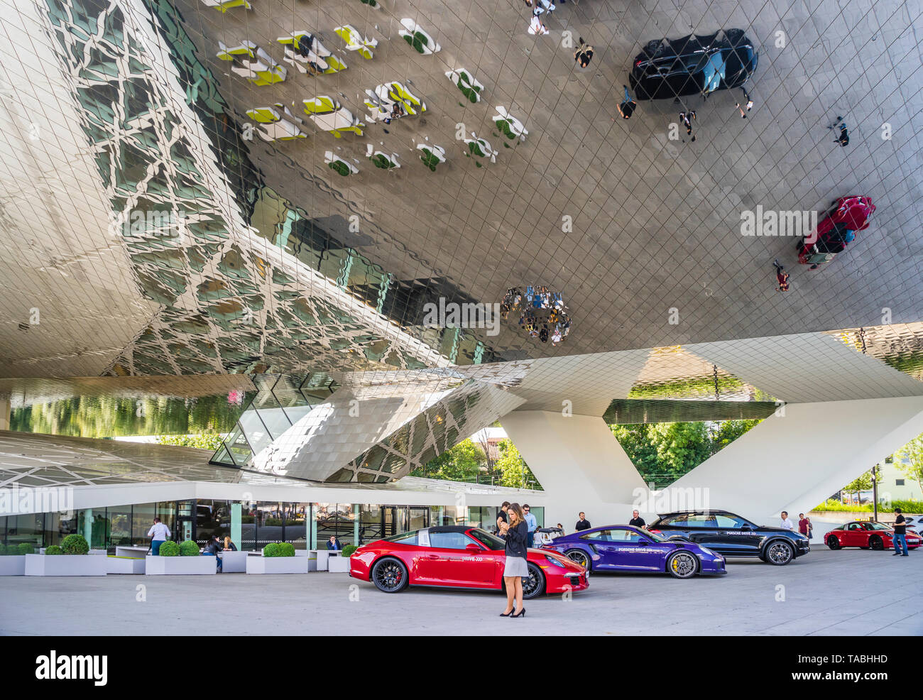 exhibition of Porsche automobiles in the Foyer of the Porsche Museum in Stuttgart-Zuffenhausen, Baden-Württemberg, Germany Stock Photo