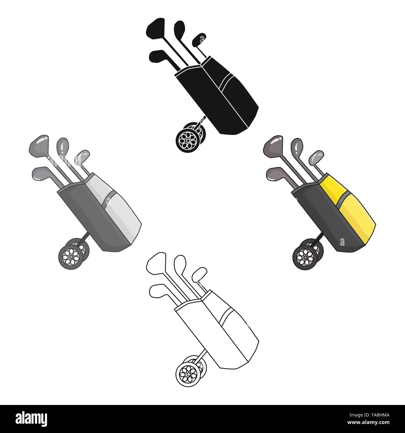 Golf bag on wheels with clubs icon in cartoon,black style isolated on