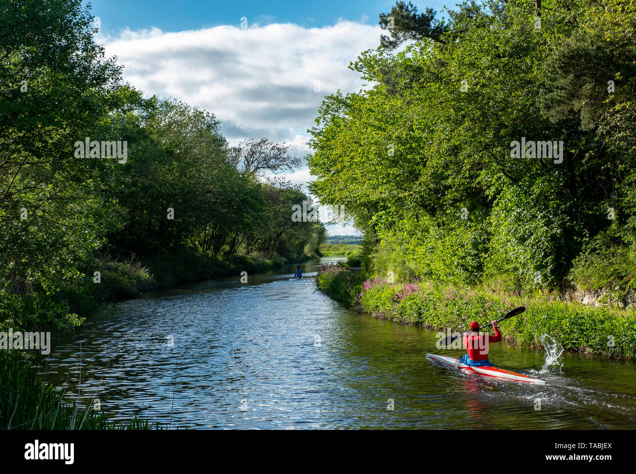 Canoeing on the Union Canal near Lins mill, Newbridge, West Lothian. Stock Photo