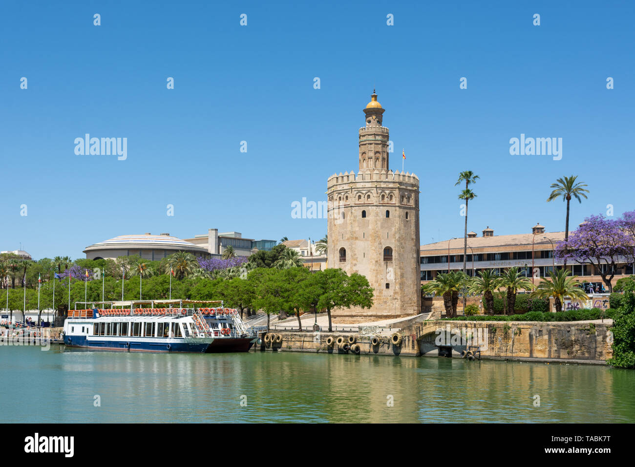 Tourist river boat moored alongside the tower of the Torre del Oro Naval Museum, Seville, Andalusia region, Spain Stock Photo