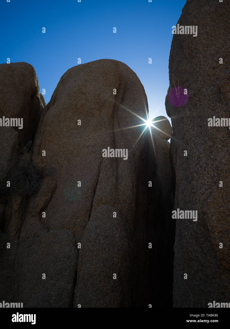 Low angle view of large boulder formations against a blue sky in Joshua Tree National Park. Stock Photo