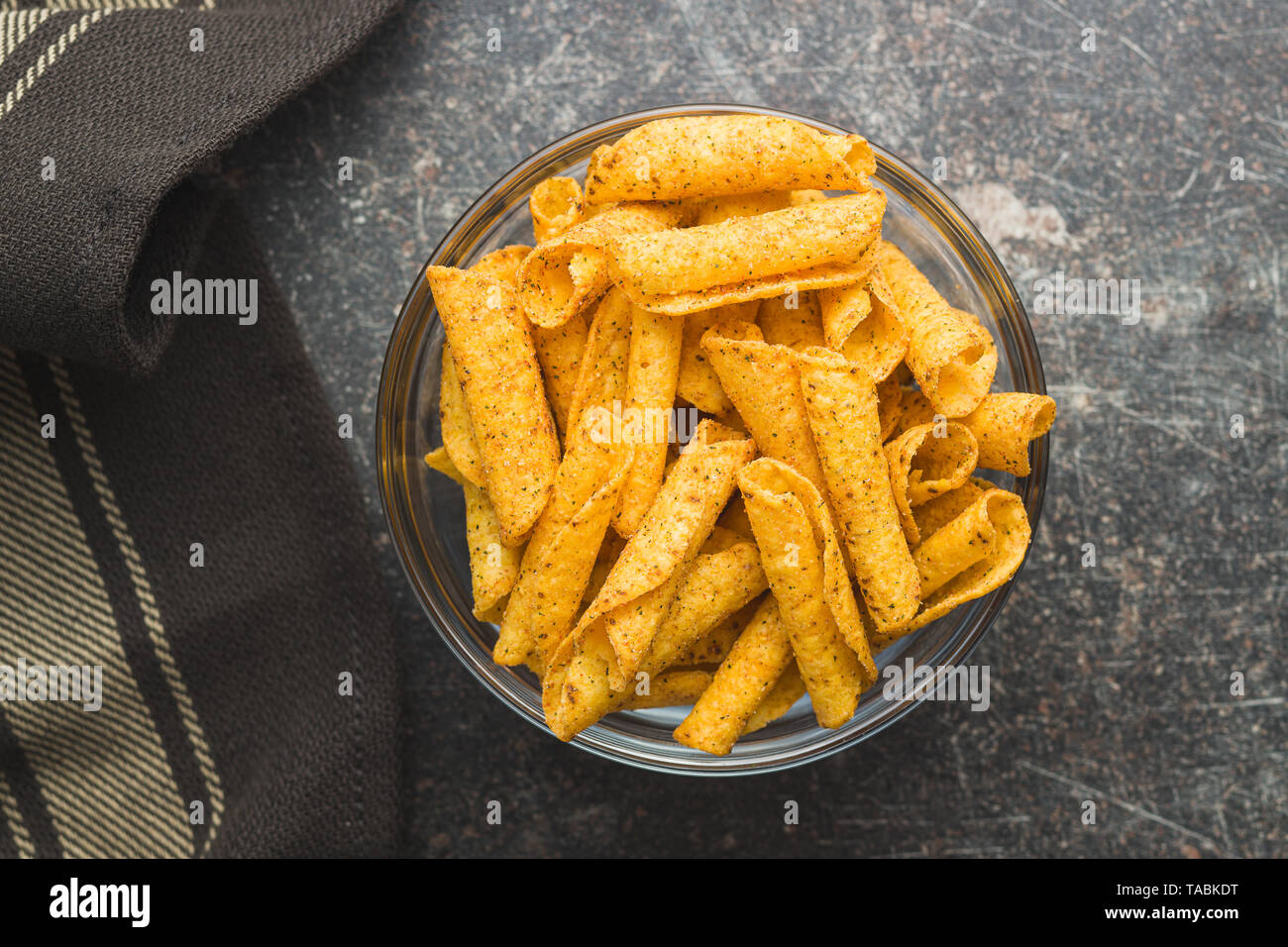 Rolled tortilla chips in bowl. Stock Photo