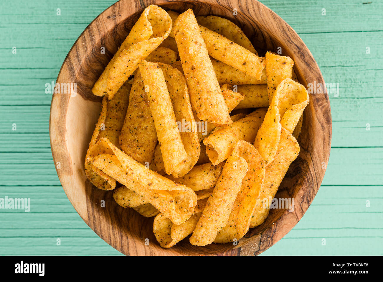 Rolled tortilla chips in bowl. Stock Photo