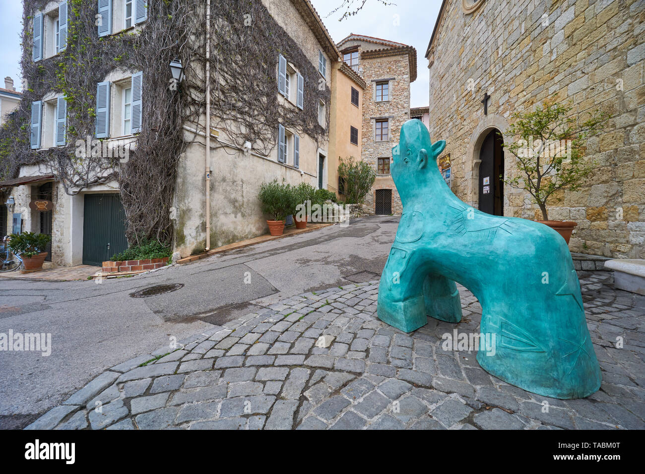 Mougins, France - April 04, 2019: Mougins is a commune in southeastern France that is a great place of tourist attractions. There is a turquoise sculp Stock Photo