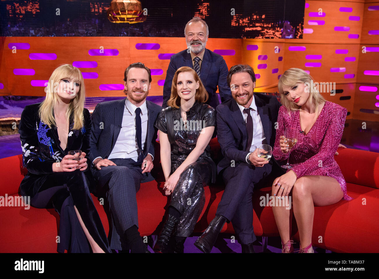 Host Graham Norton with (left to right) Sophie Turner, Michael Fassbender, Jessica Chastain, James McAvoy and Taylor Swift during the filming of the Graham Norton Show at BBC Studioworks 6, Television Centre, Wood Lane, London, to be aired on BBC One on Friday evening. Stock Photo
