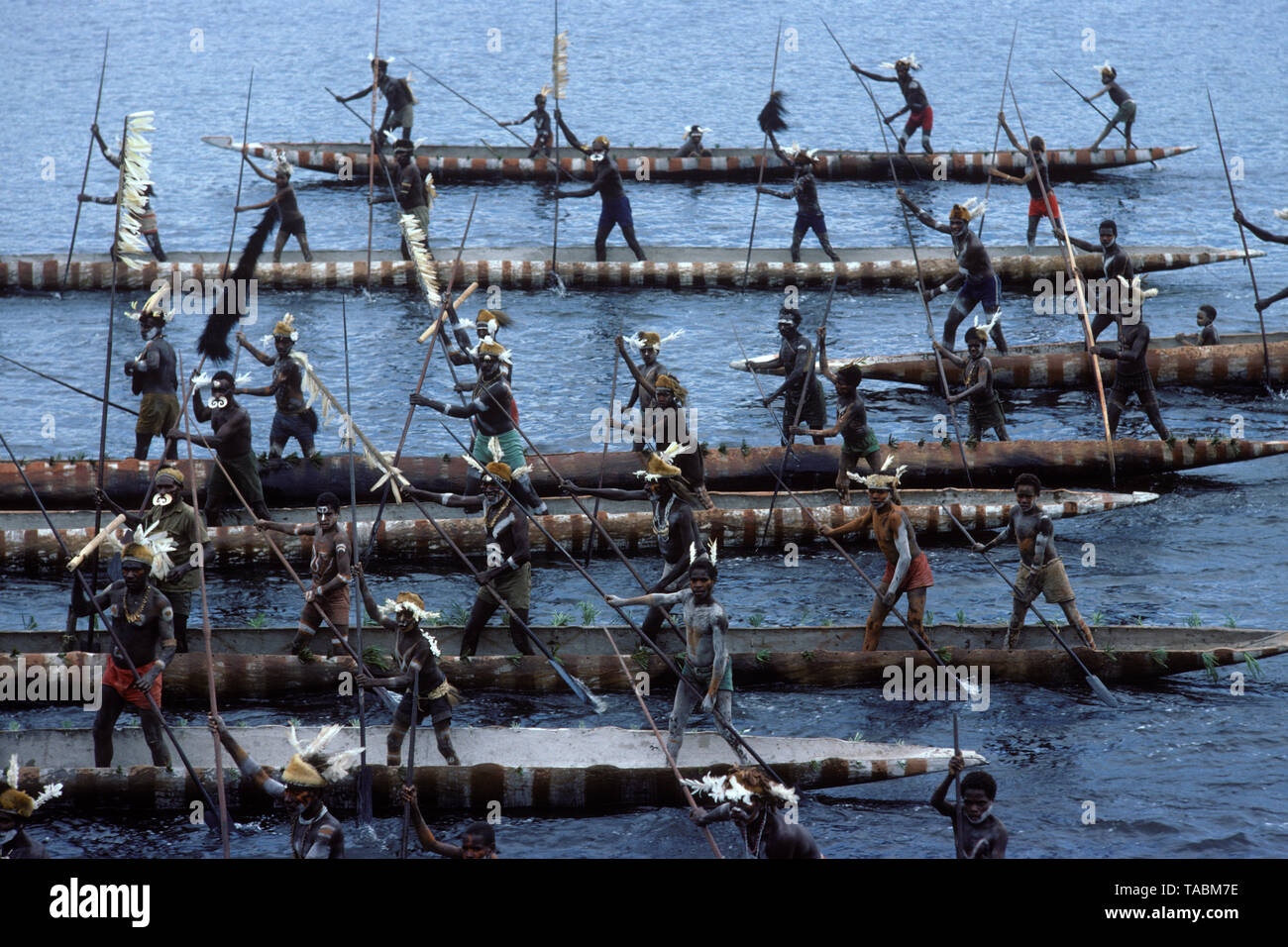 Asmat people: ethnic group living in the Papua province of Indonesia, along the Arafura Sea.  Display of canoes at Agats- Sjuru. Photograph taken by F Stock Photo