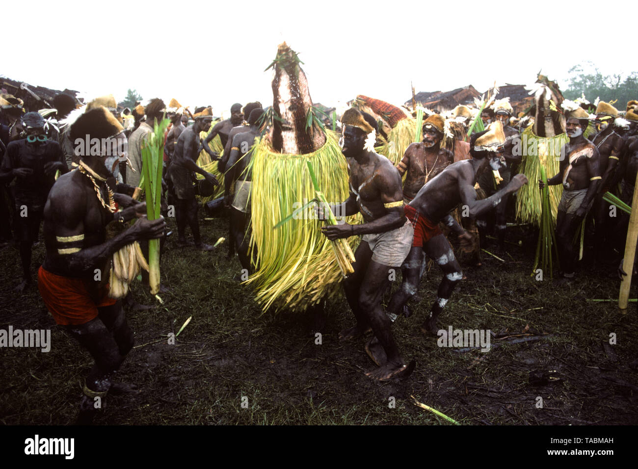 Asmat people: ethnic group living in the Papua province of Indonesia, along the Arafura Sea.  Masked personages during a festival at Agats ('Killing e Stock Photo