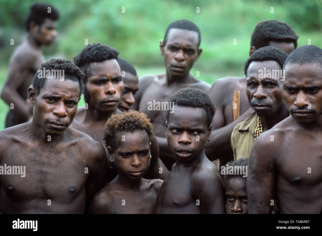 Asmat people: ethnic group living in the Papua province of Indonesia, along the Arafura Sea.  Asmat men and boys, village of Pirien. Photograph taken  Stock Photo