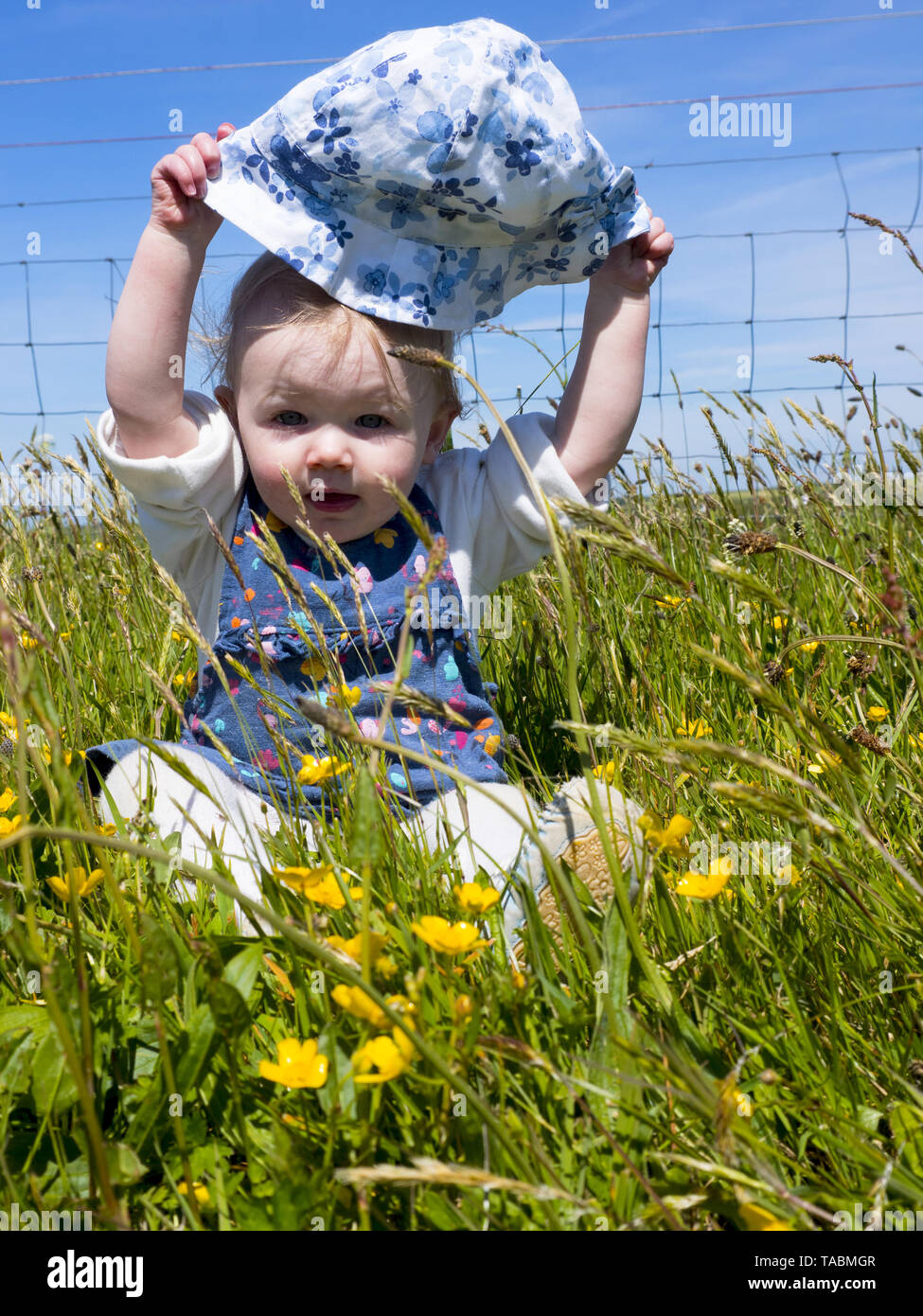 Baby girl playing in the grass on a summer picnic, taking her hat off Stock Photo