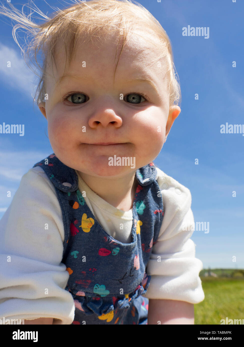 Baby girl in the summer sunshine, UK Stock Photo