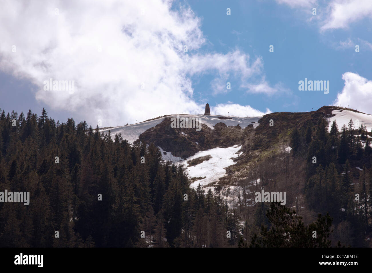 Feldberg mountain. View on tower of weather station on the peak, and snow, blue sky. Schwarzwald. Black Forest. Germany. Stock Photo