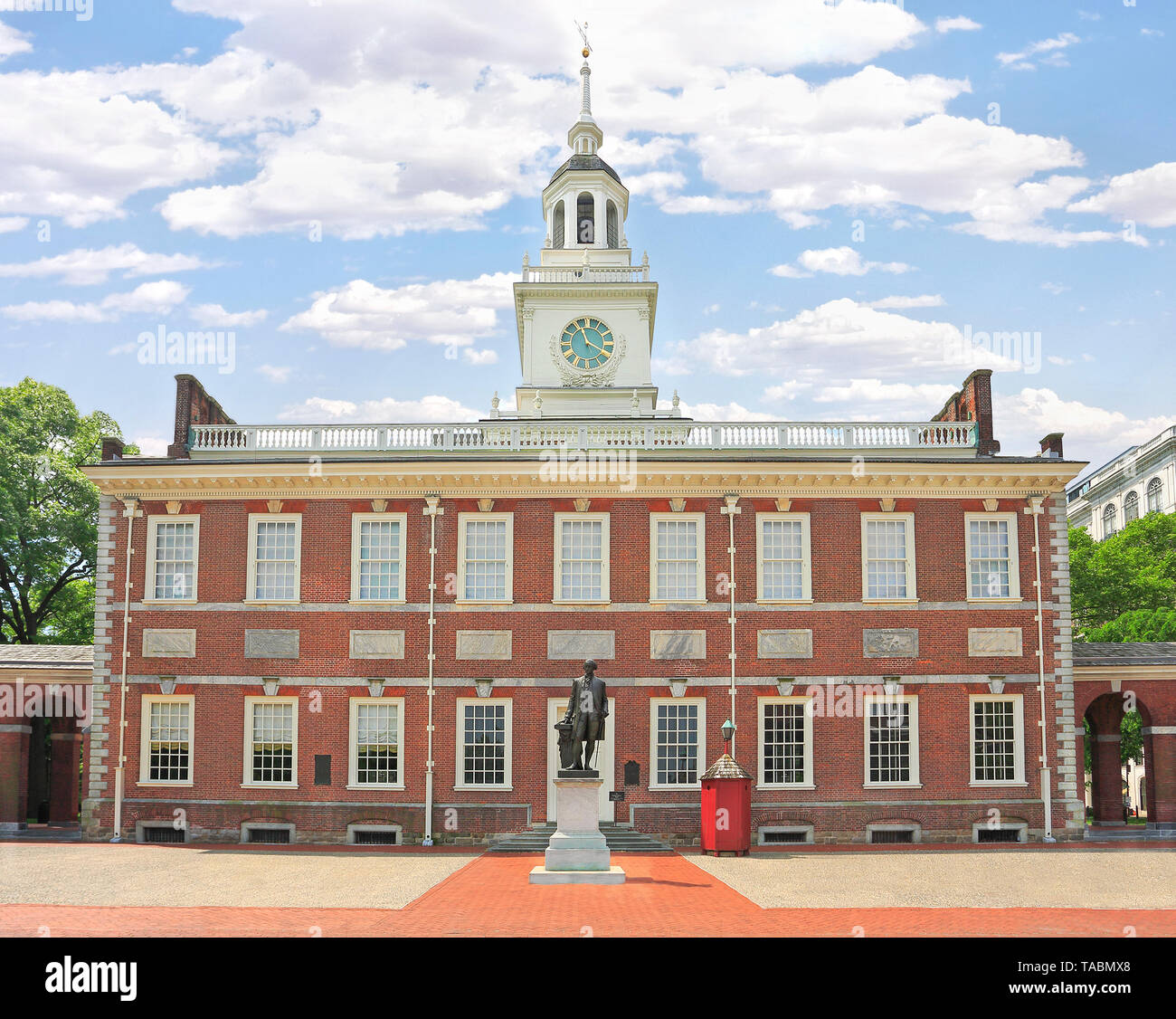Independence Hall in Philadelphia, Pennsylvania, USA. Distracting poles and chains on the foreground were removed. Stock Photo