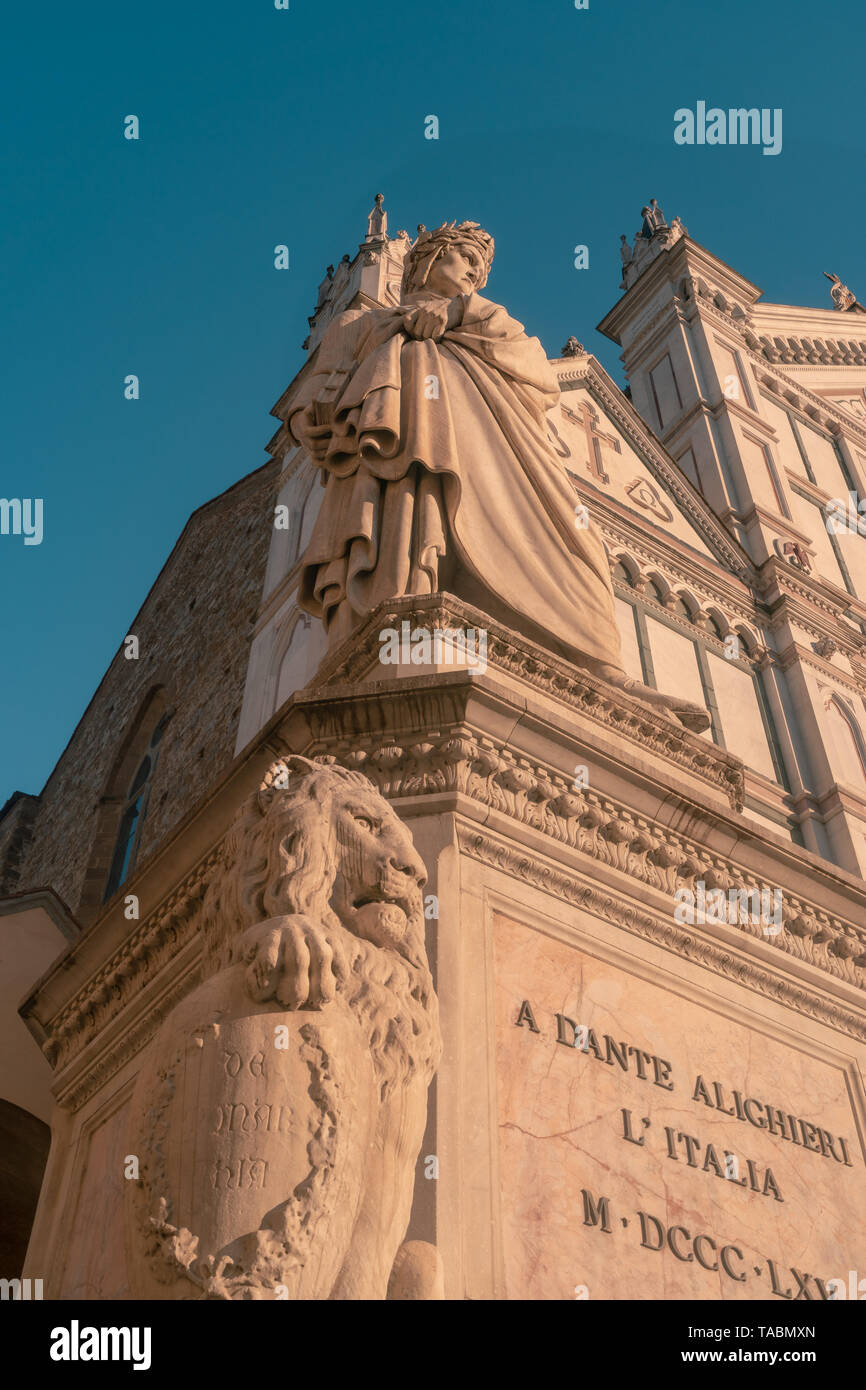 Dante Alighieri Statue in front of Santa Croce Church in Florence Stock Photo