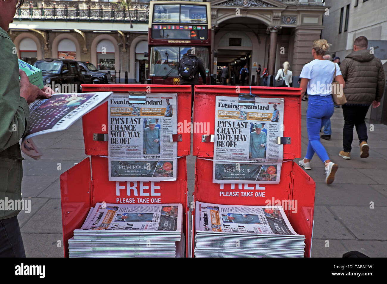 Evening Standard Theresa May Brexit newspaper headline on newsstand 'PM's Last Chance Vote May be Off' outside Charing Cross Station in Westminster London UK  21 May 2019 Stock Photo
