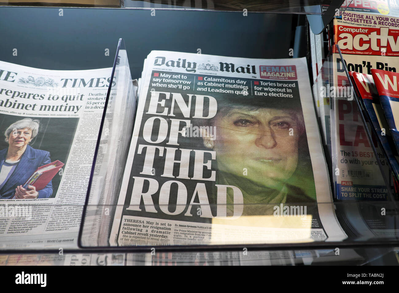 Daily Mail newspaper headline front page 'END OF THE ROAD' for PM Theresa May on a newsstand at a newsagents on 23 May 2019 in the buildup to a Conservative Tory leadership contest in Westminster London England UK Stock Photo