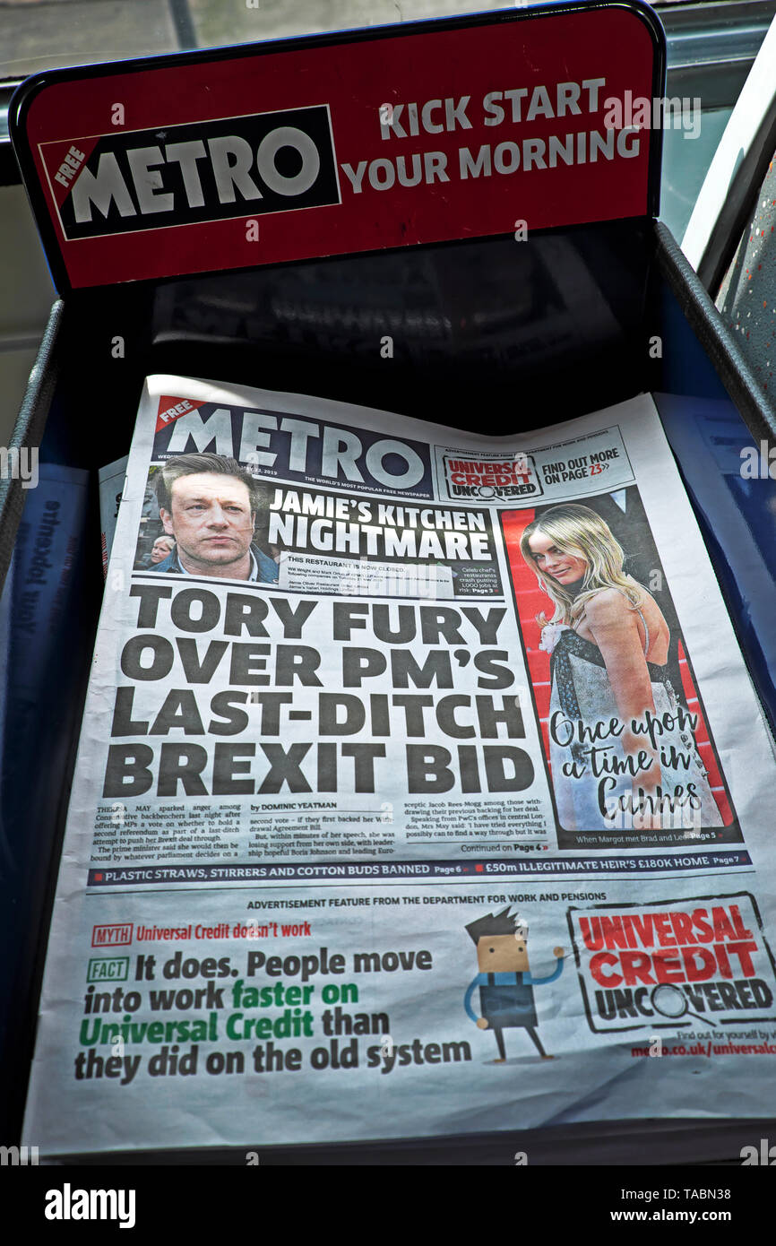 Metro newspaper front page headlines  'TORY FURY OVER PM'S LAST-DITCH BREXIT BID' by Theresa May to get Withdrawal Agreement on 22nd May 2019 in the buildup to a Conservative Tory leadership contest in newspapers on a newsstand Westminster London England UK Stock Photo
