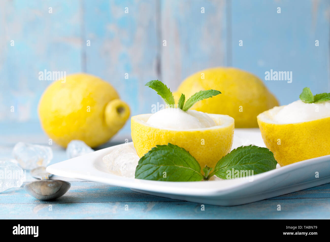 lemon sorbet ice cream with lemons Stock Photo