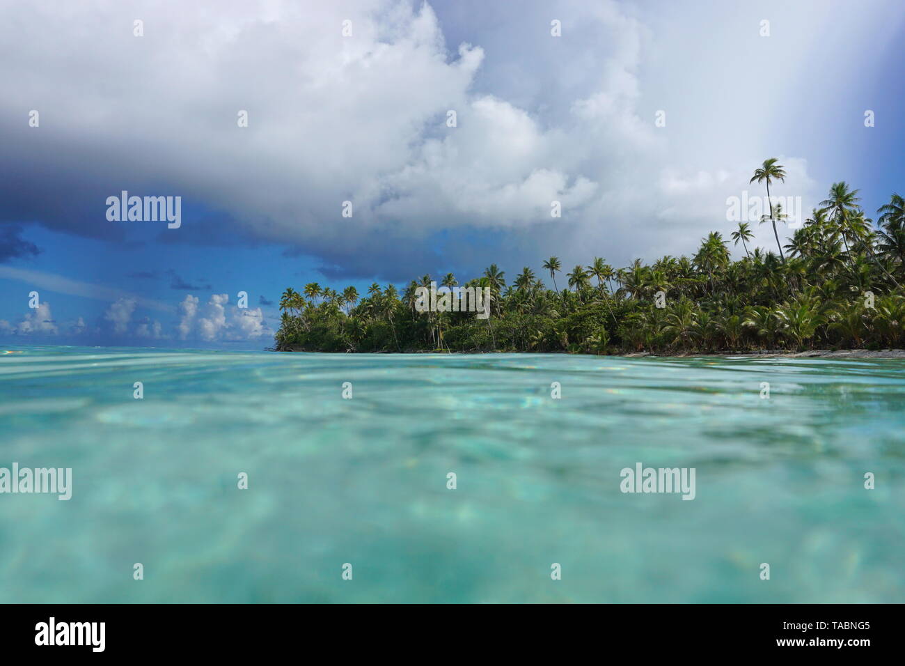 Tropical island coast with lush vegetation seen from water surface, French Polynesia, Huahine, Pacific ocean Stock Photo