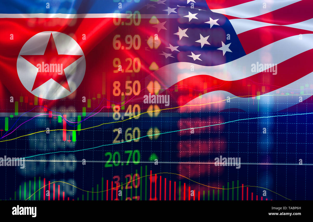 Trade war economy USA America and North Korea flag candlestick graph
