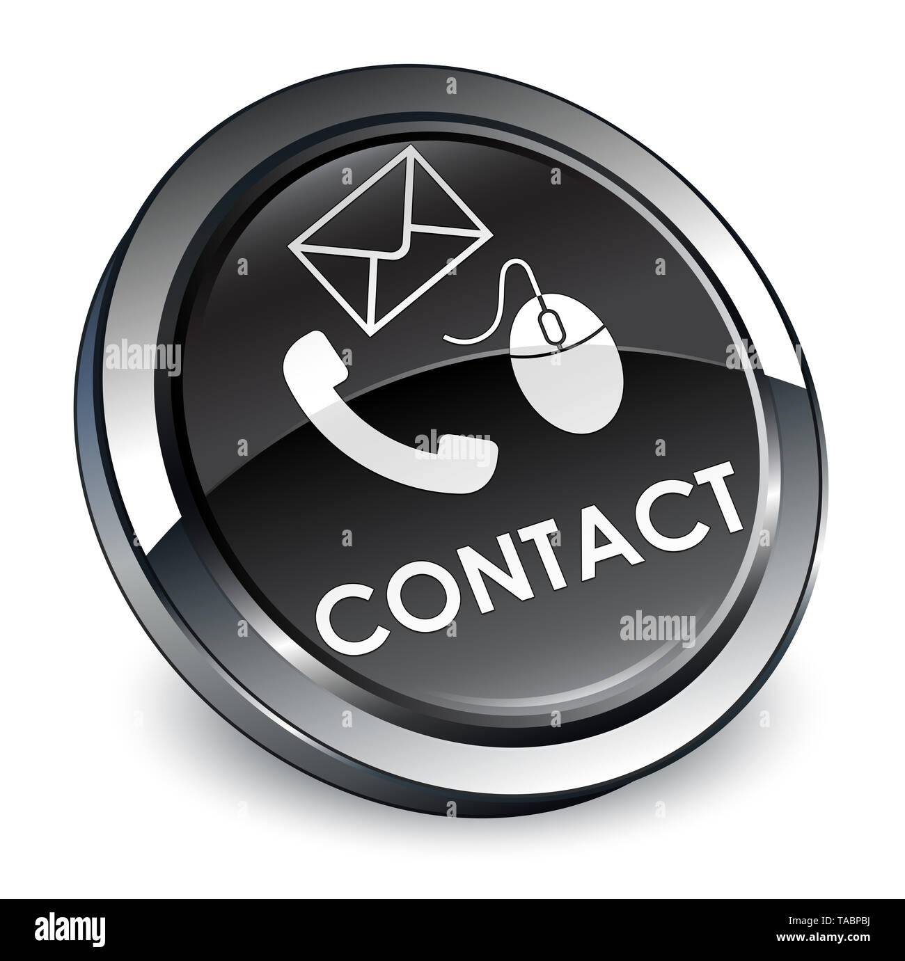 Contact (phone email and mouse icon) black isolated on 3d round button ...