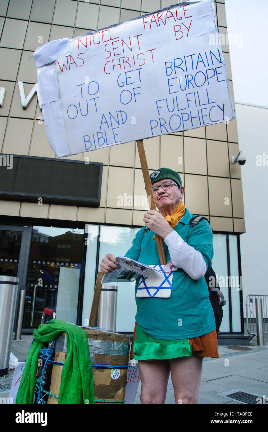 Supporter of Brexit as bible prophesy outside Brexit Party rally in London Olympia on 21 May 2019 just before the European Election Vote on the 23 May Stock Photo
