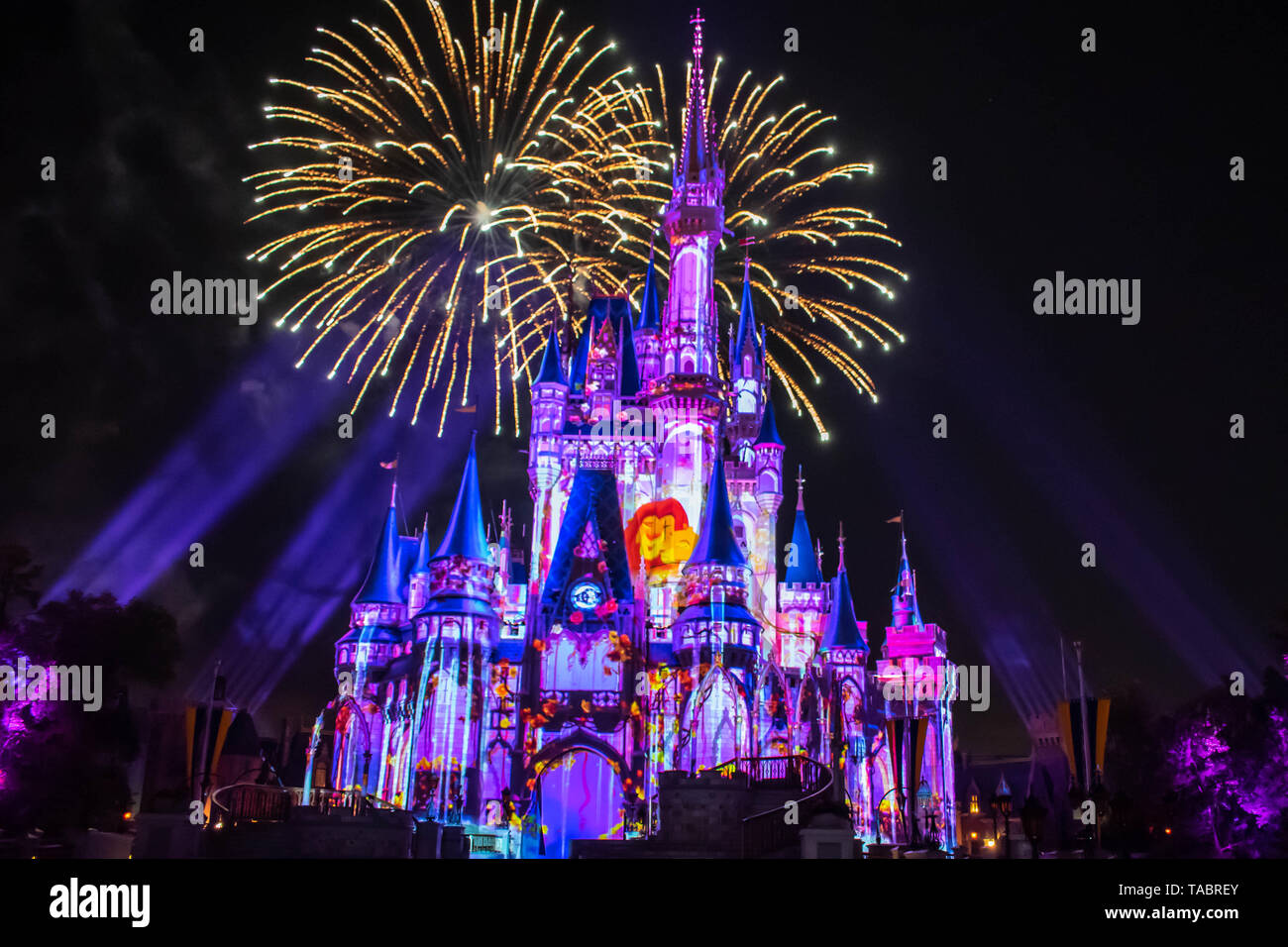 Orlando, Florida. May 10, 2019. Happily Ever After is Spectacular fireworks show at Cinderella's Castle on dark night background in Magic Kingdom  (31 Stock Photo