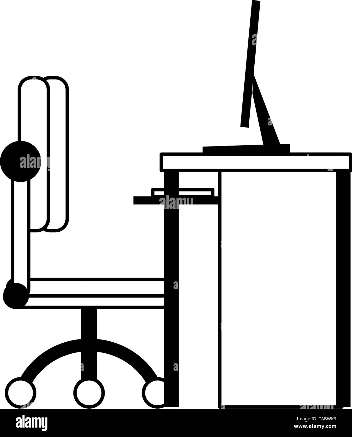 Desk computer with chair office cartoon in black and white Stock Vector ...