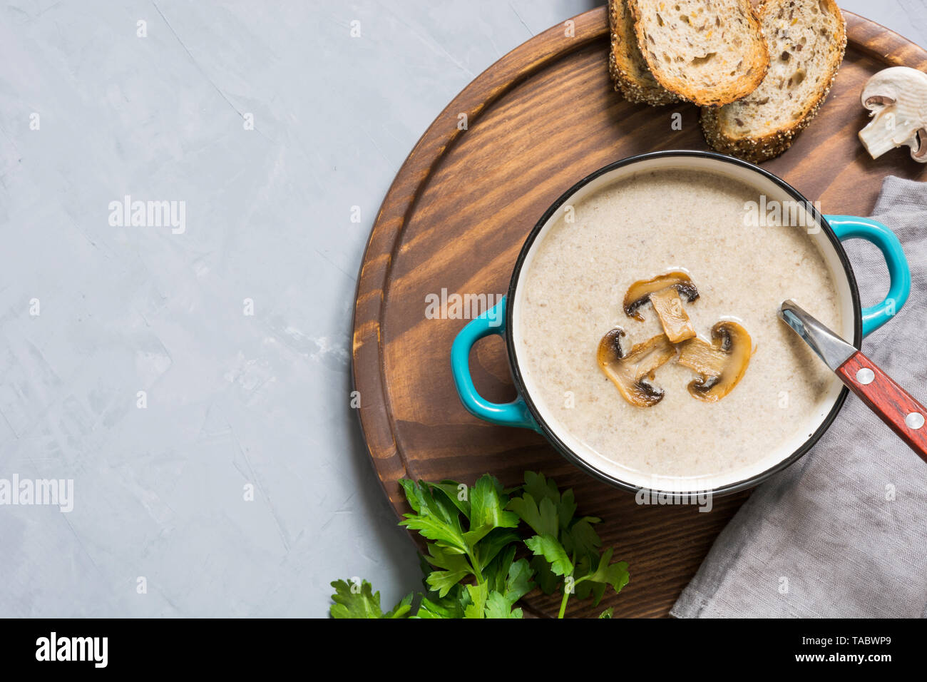 Download Delicious Mushroom Champignon Soup On Grey Concrete Table Horizontal Mockup View From Above Space For Text Stock Photo Alamy