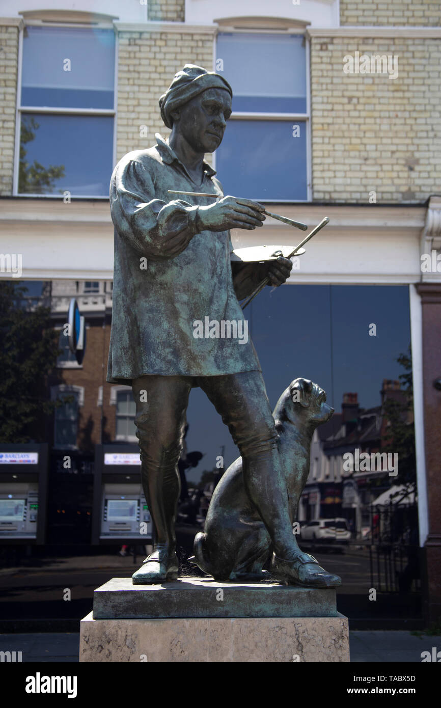The statue of the painter William Hogarth and his pug dog