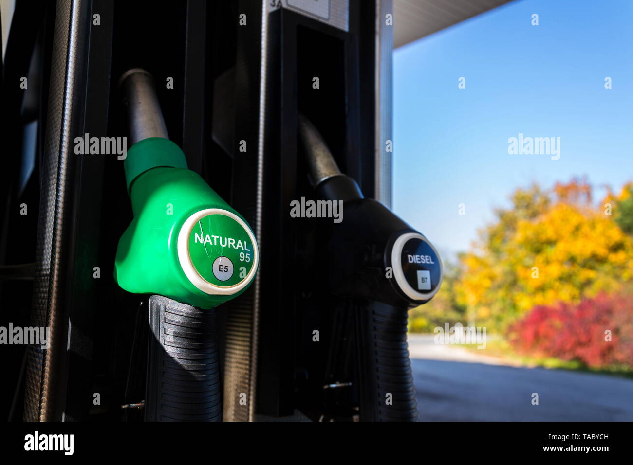 New fuel labeling at petrol station pumps with new EU labels, sunny day Stock Photo