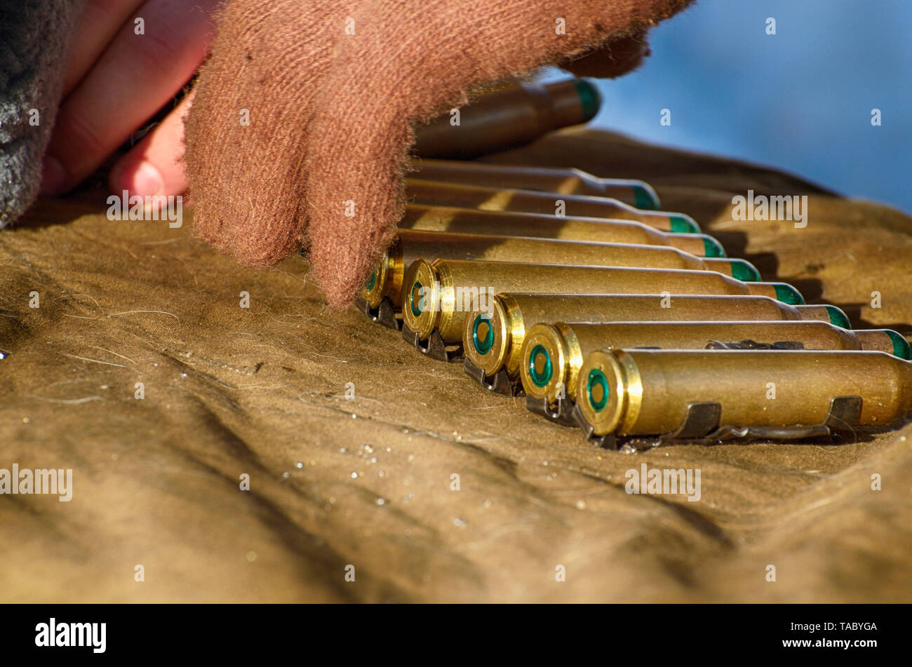 ammunition for the machine gun.The soldier is preparing for combat ...