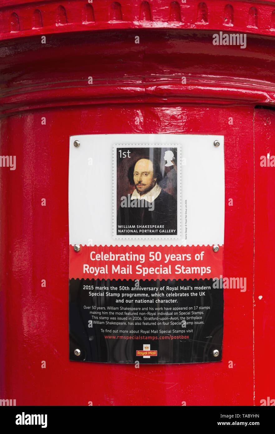 Poster on a red UK post box at Stratford upon Avon Stock Photo