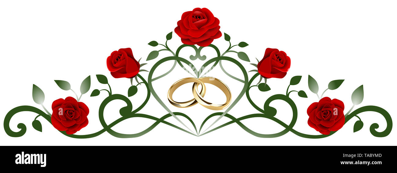 red roses decoration with interwined wedding rings Stock Photo