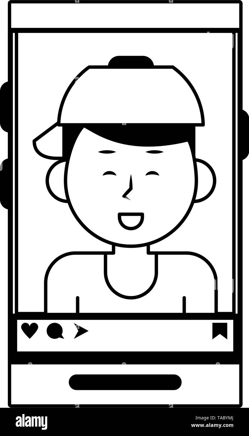 Millennial selfie on smartphone screen in black and white Stock Vector