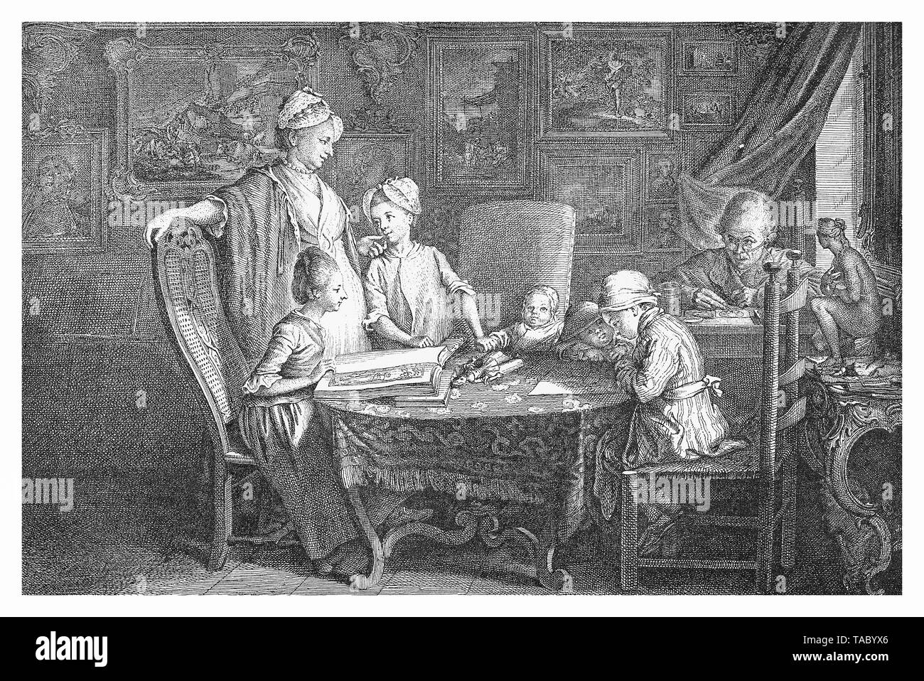 Daniel Chodowiecki (1726 - 1801) painter, printmaker, etcher and director of the Berlin Academy of Art. at home with his family Stock Photo
