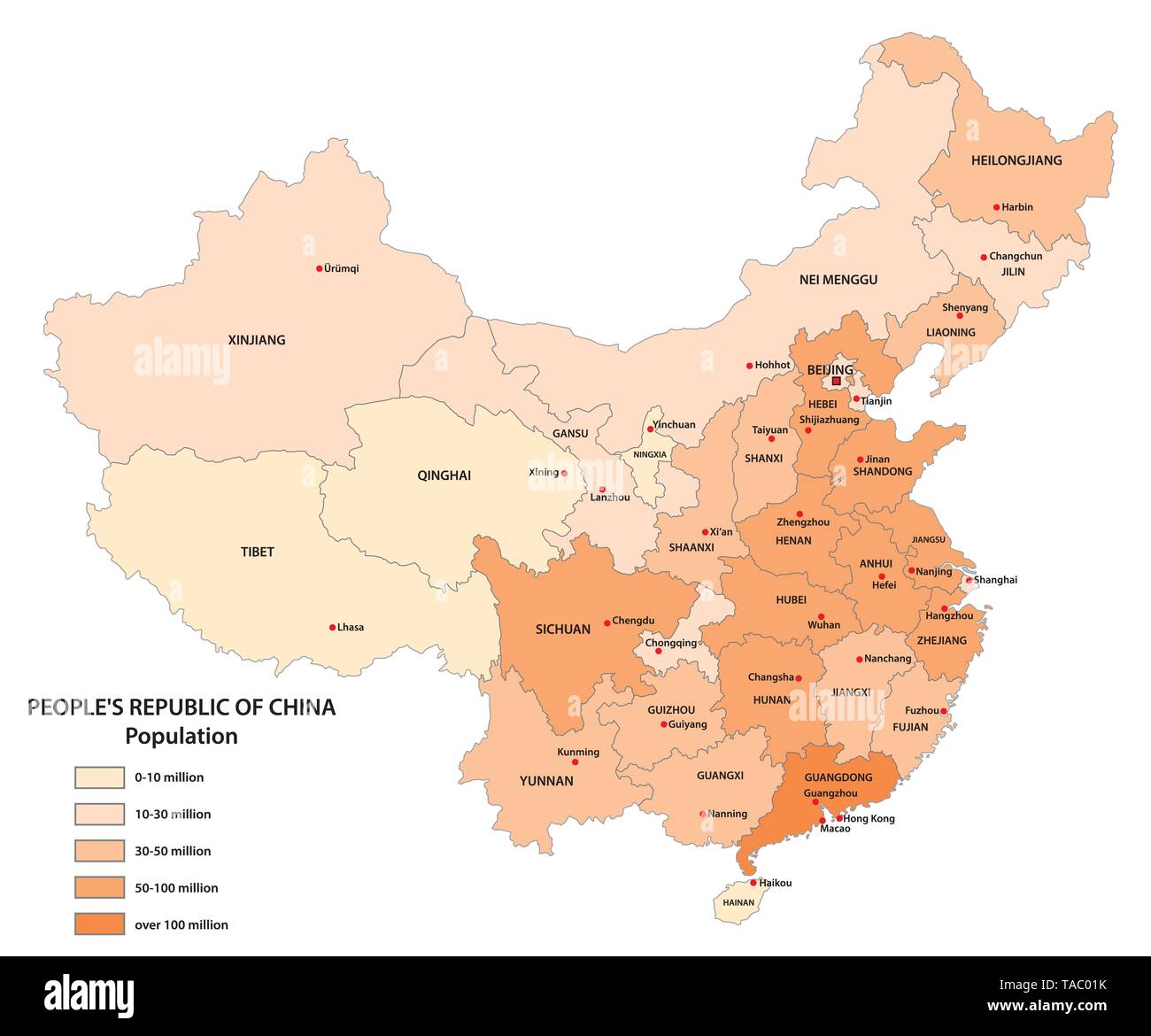 vector population map of the People s Republic of China Stock Vector