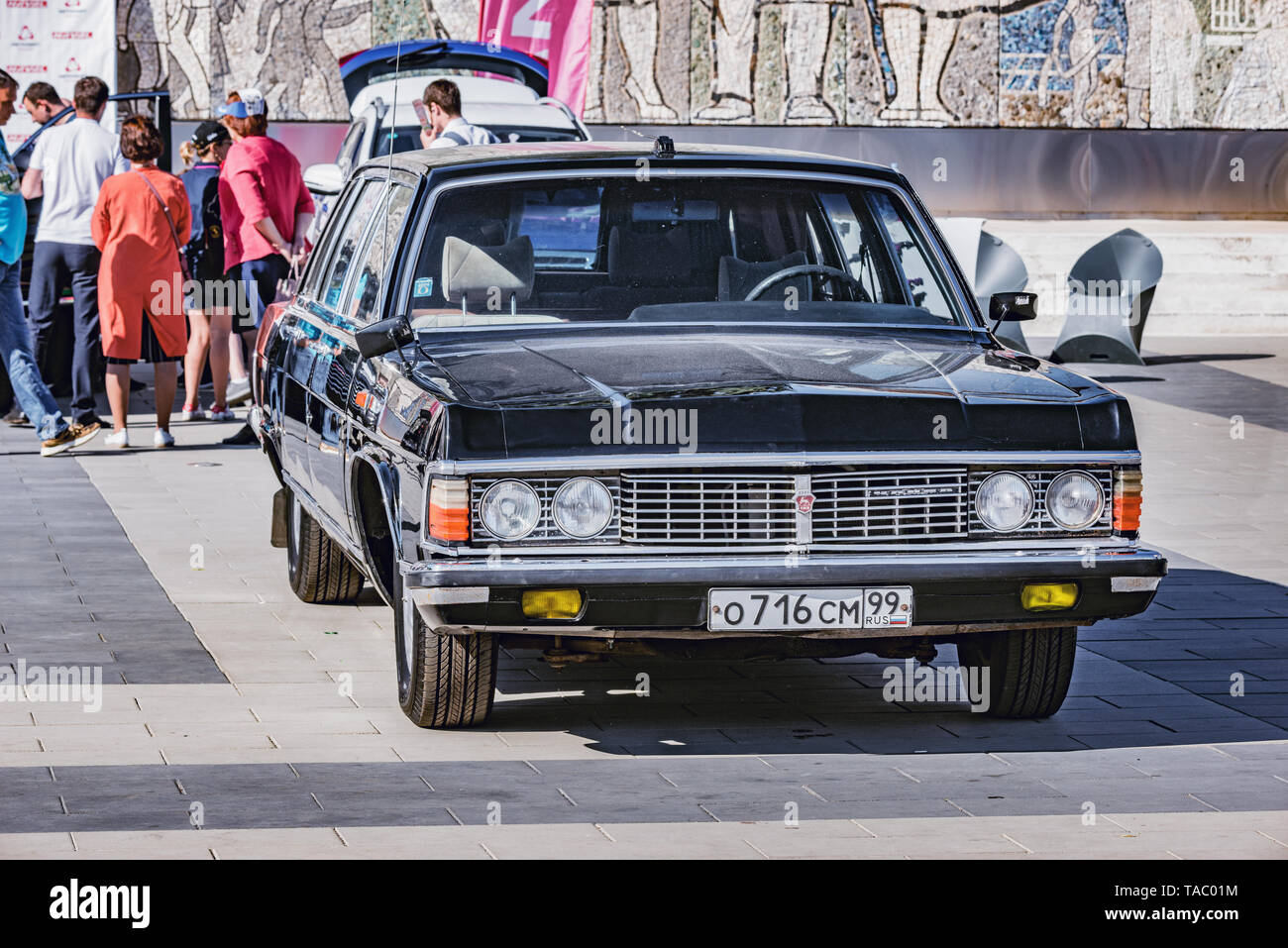 Korolev, Russia - May 18, 2019: Retro automobile Chaika for USSR government members on the city square at retro cars parade time. Stock Photo