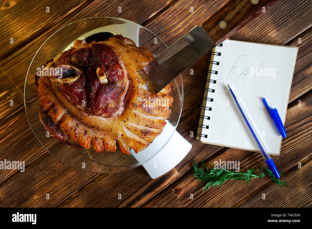 Counting calories, proteins, fats and carbohydrates in food. Fried pork