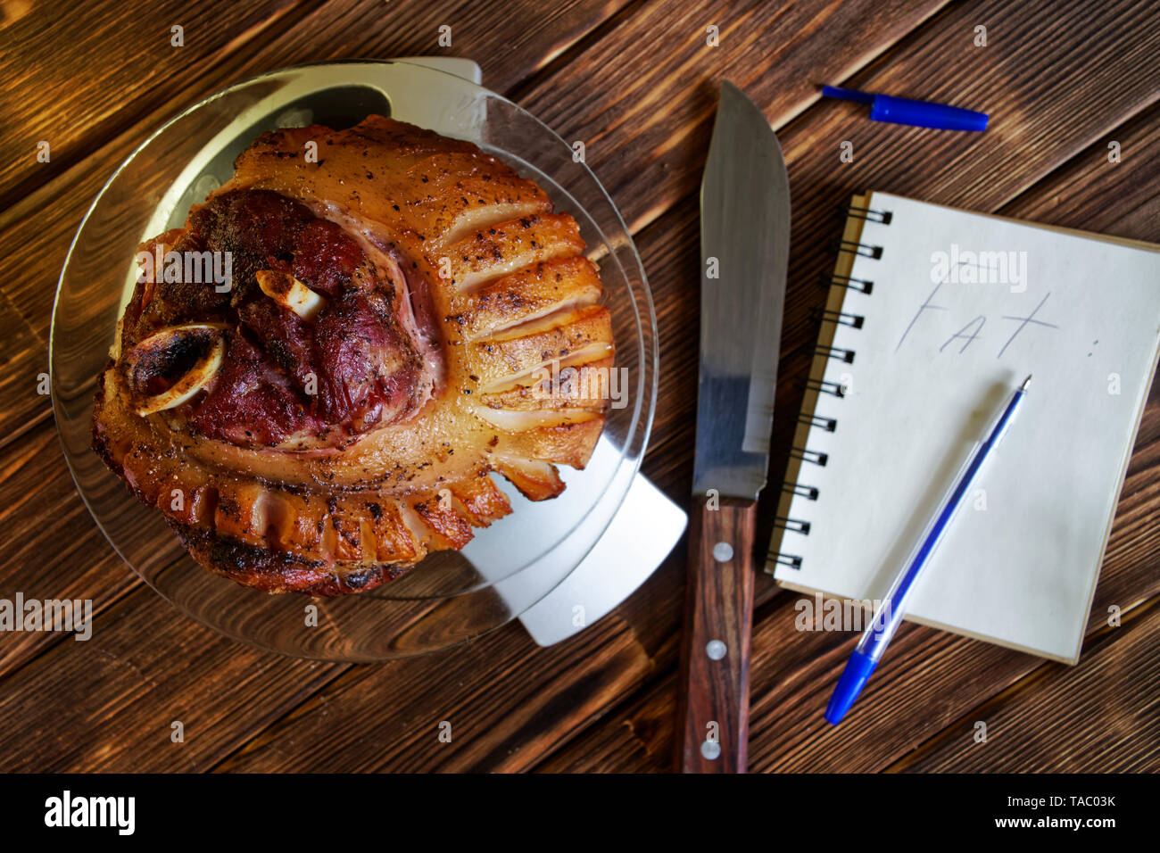 Fried pork knuckle in a transparent plate on the kitchen scale