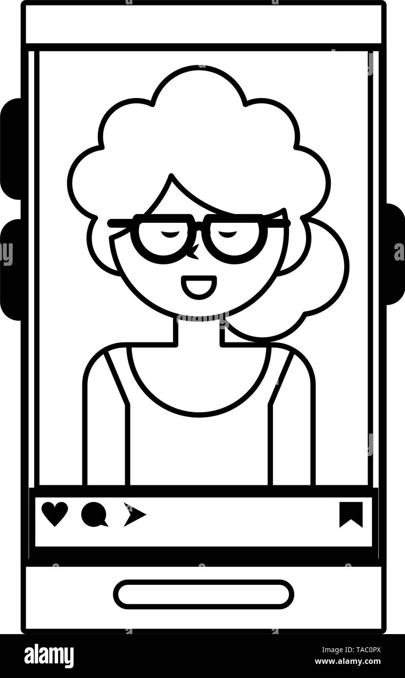 Millennial selfie on smartphone screen in black and white Stock Vector