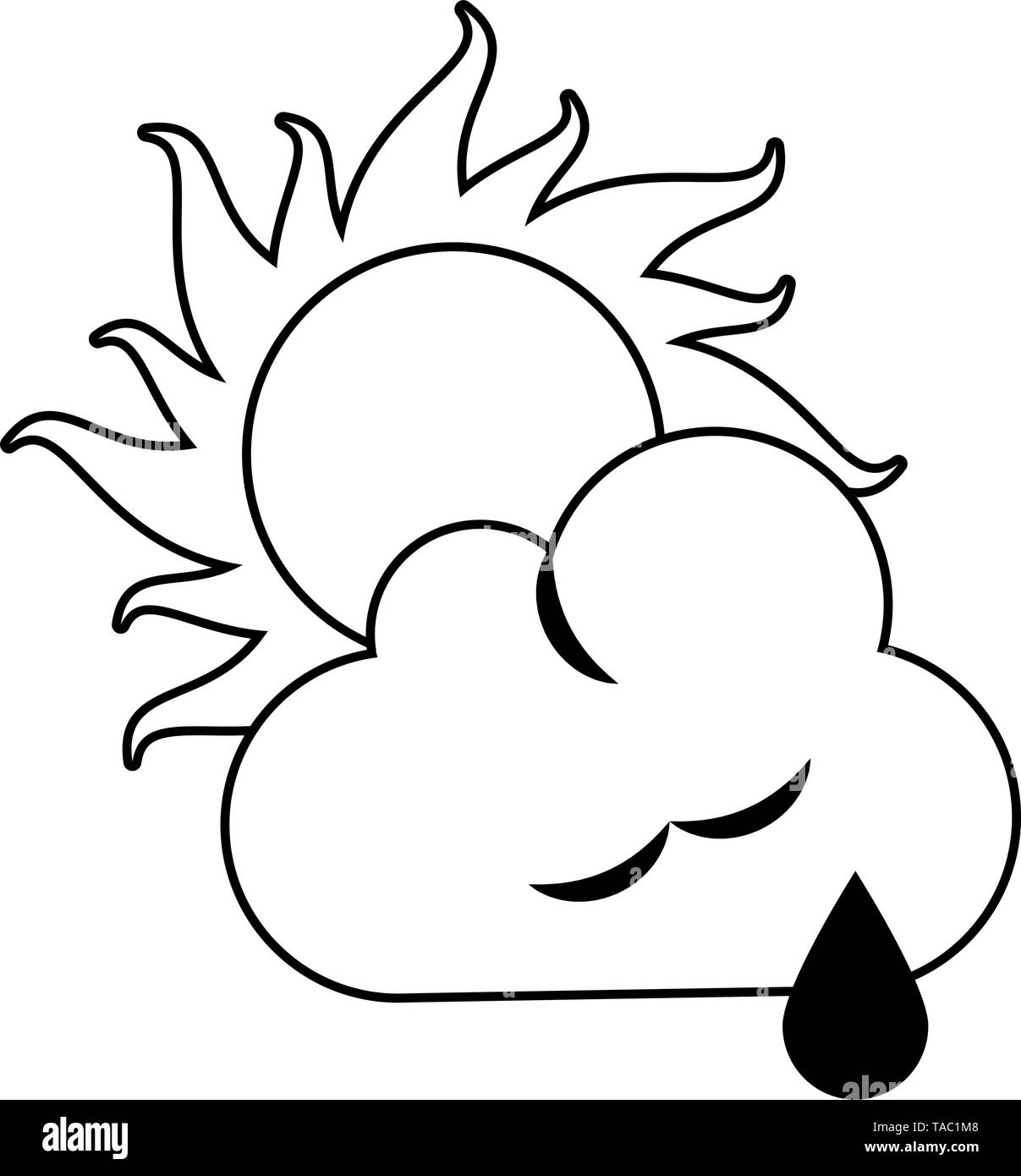 Sun and cloud with raining weather symbol in black and white Stock