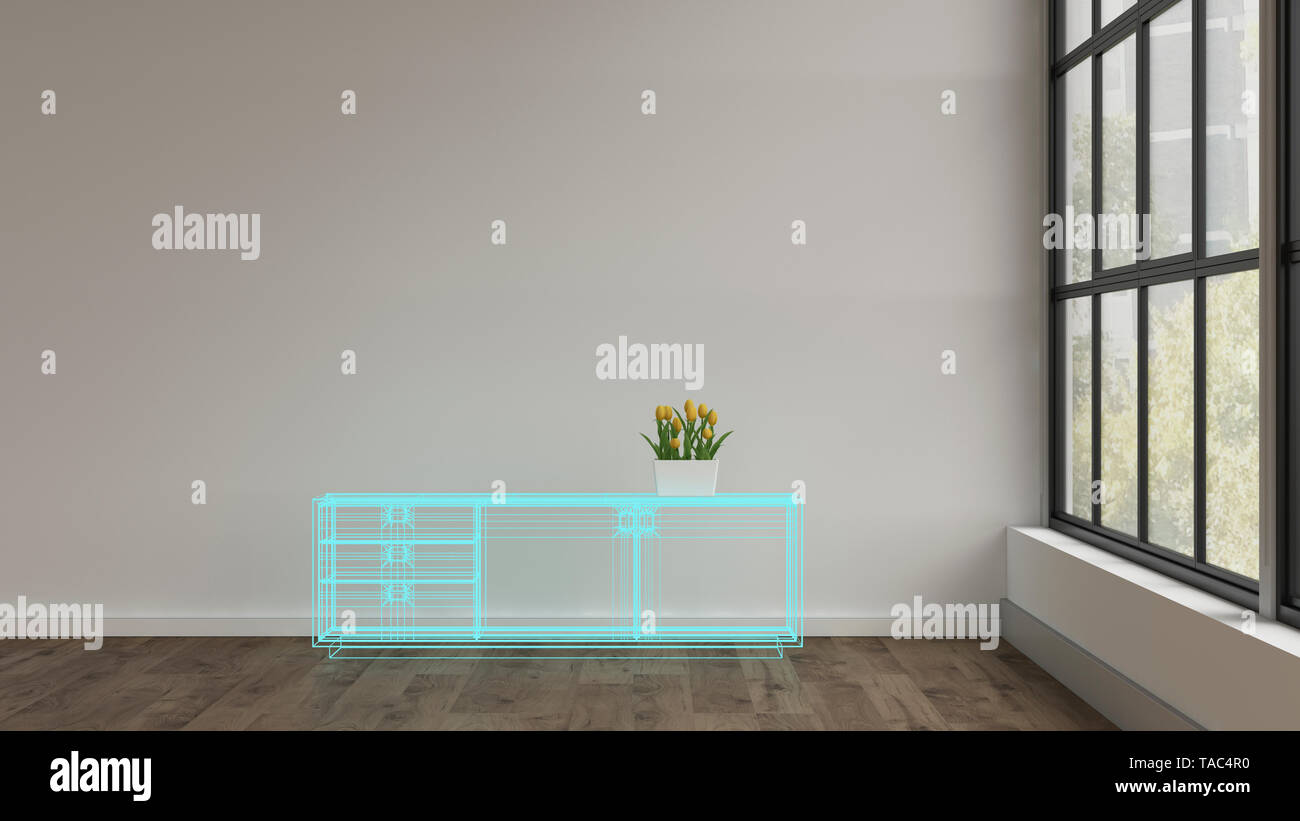 3D rendering, Hologram of sideboard in modern room, with potted tulips Stock Photo