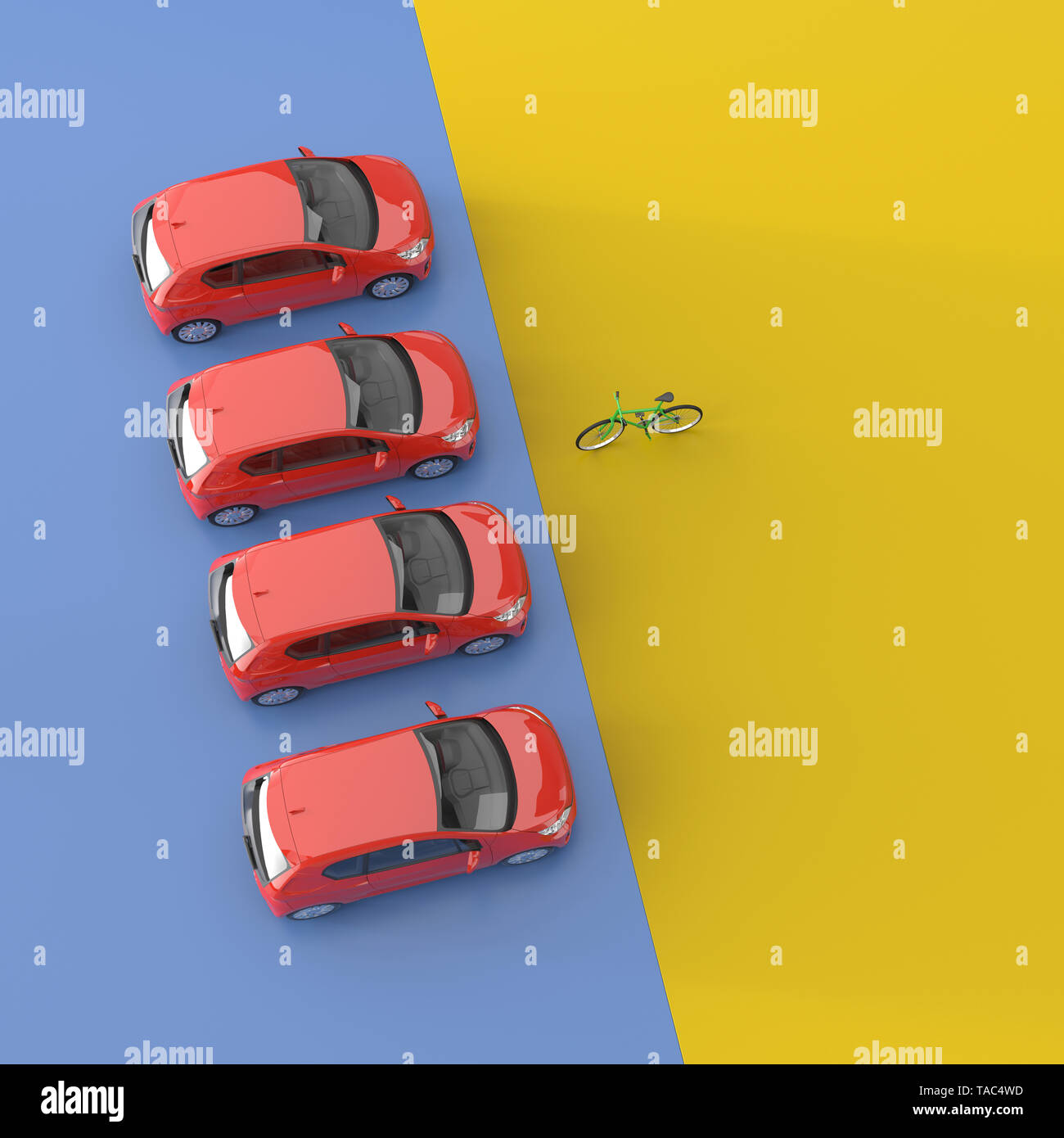 3D rendering, Four red cars facing a bicycle Stock Photo