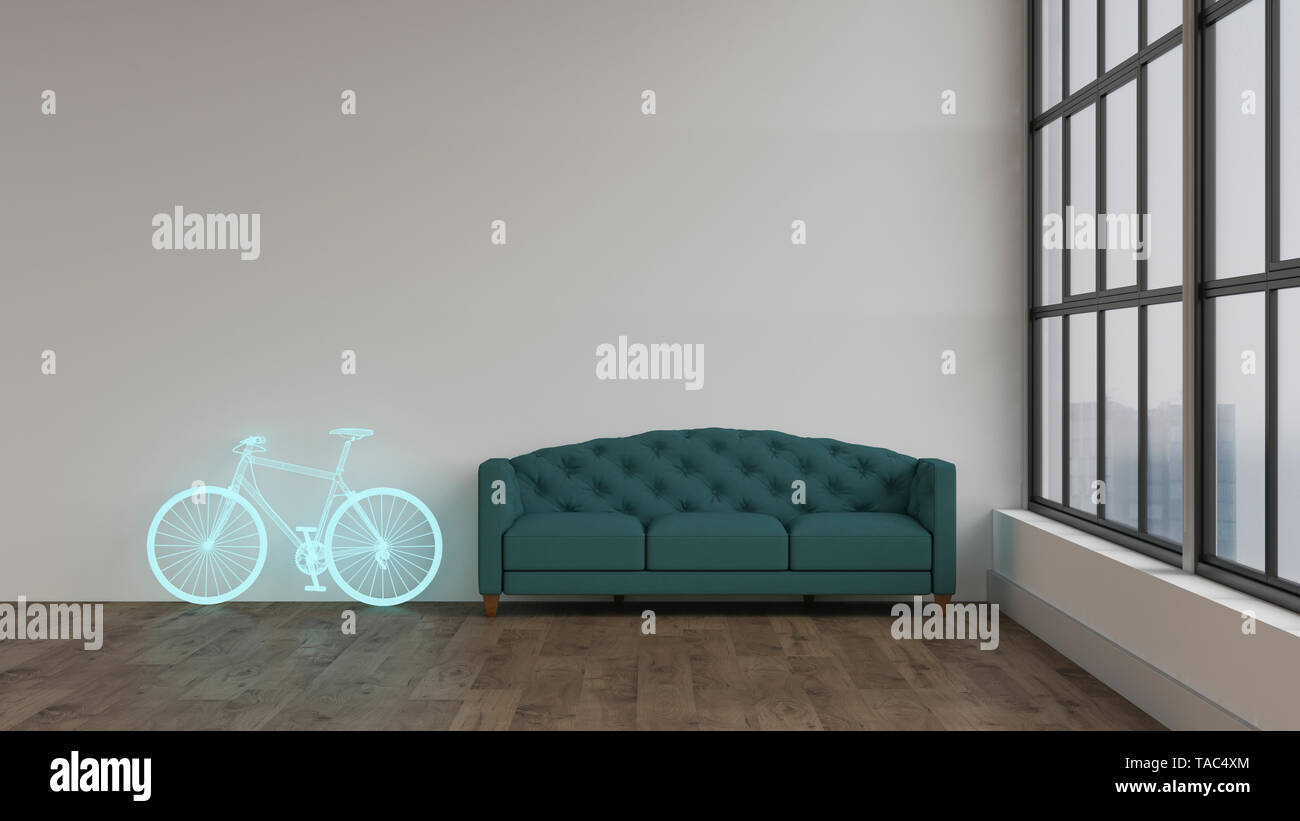 3D rendering, Hologram of bicycle in modern room, next to couch Stock Photo