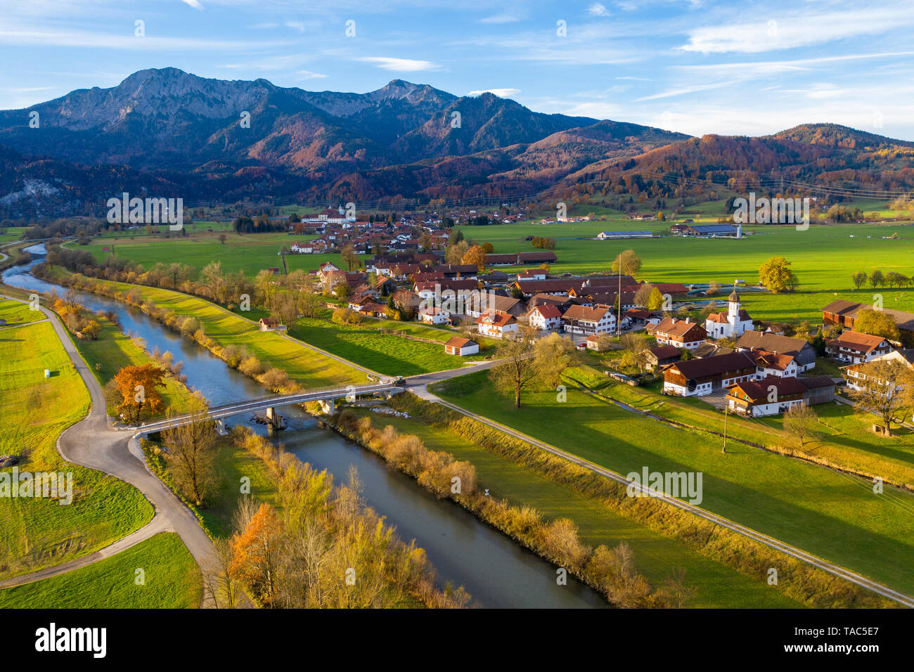 Germany, Bavaria, aerial view over Loisach near Kochel am See with Herzogstand and Heimgarten Stock Photo